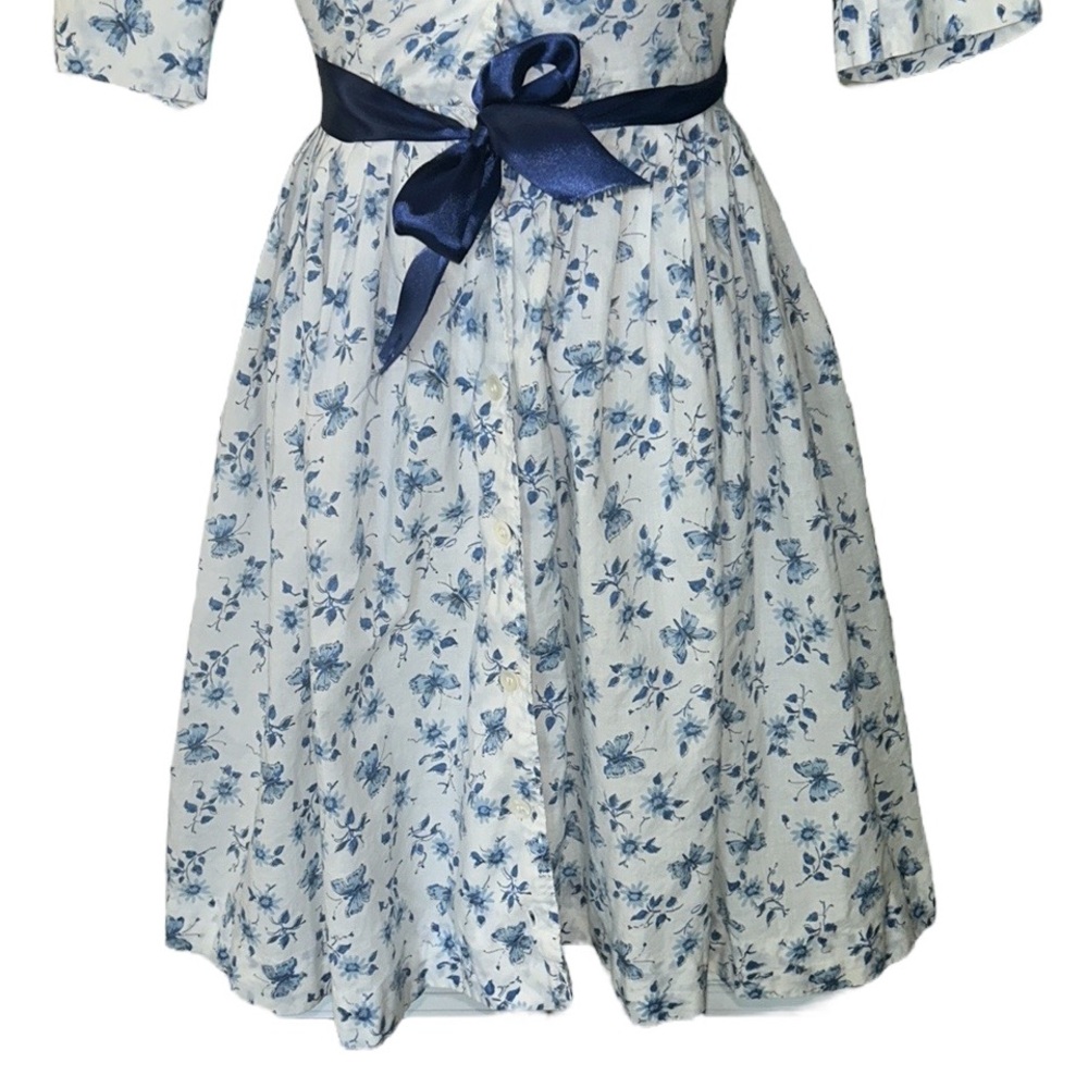 The Villager Vintage 60s Blue White Butterfly Floral Belted Button Down Dress XS - Picture 3 of 10